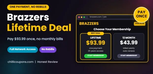 Brazzers Lifetime Deal 2026 header showing the one payment lifetime membership price