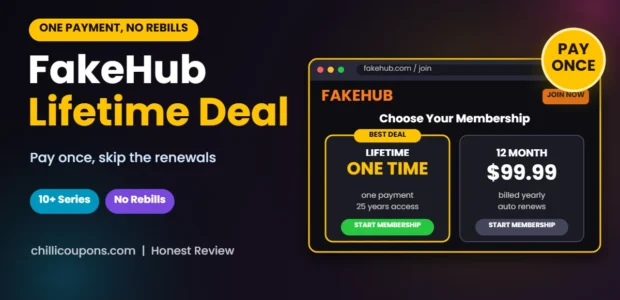 FakeHub Lifetime Deal 2026 header showing the one payment lifetime membership price