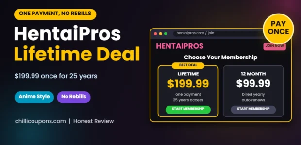 HentaiPros Lifetime Deal 2026 header showing the one payment lifetime membership price