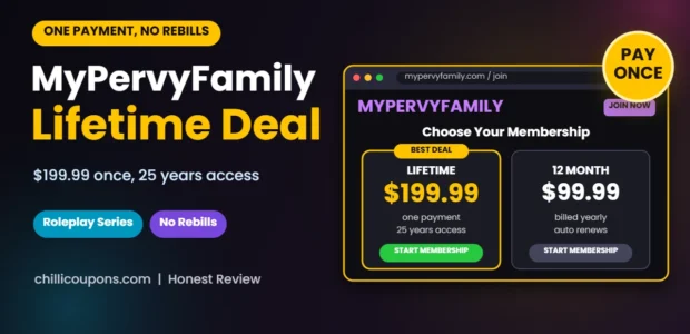 MyPervyFamily Lifetime Deal 2026 header showing the one payment lifetime membership price